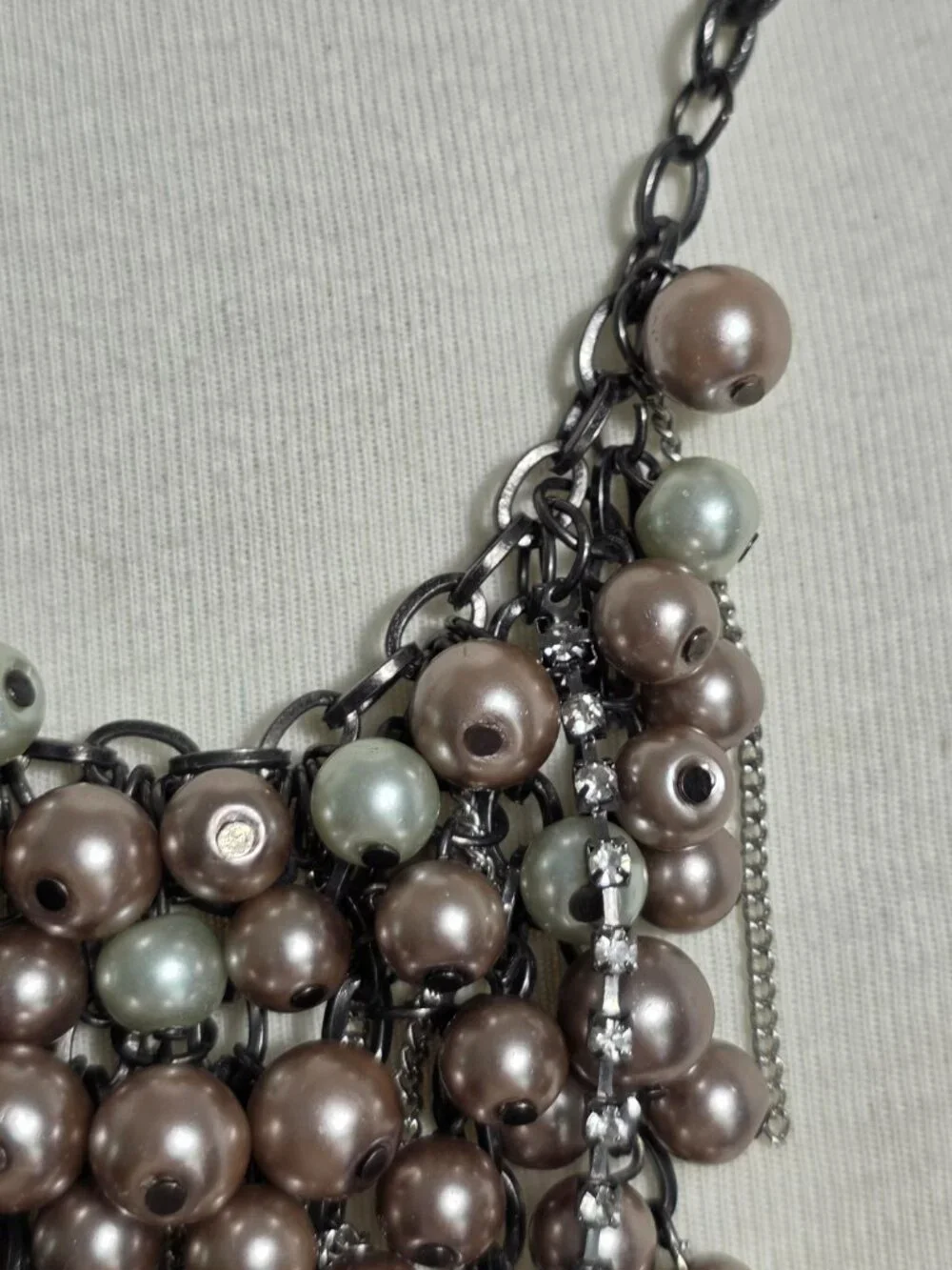 Simply Vera Wang Pearl Bead Bib Necklace Taupe & Gray with Rhinestone Drops